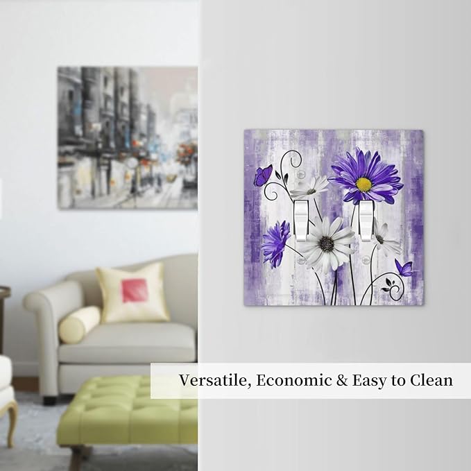 Decorative Light Switch Cover Plate Rustic Purple Daisy Butterfly Boho White Floral 2 Gang Wall Plate Cover Double Toggle Switch Plate Covers Electric Dual Device Electrical Faceplate
