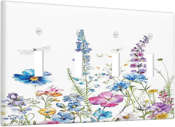 Light Switch Covers Boho Colorful Flowers Plants And Dragonflies Quad Toggle 4 Gang Wall Plate Electrical Faceplate Decorative Switch Plates for Bedroom living Room Decor