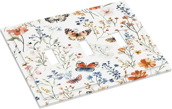 Decorative Switch Plates Vintage Wildflowers Plants Floral 3 Gang Wall Plate Triple Toggle Light Switch Cover Faceplate Electrical Wall Panels For Bed Room Living Room Decor