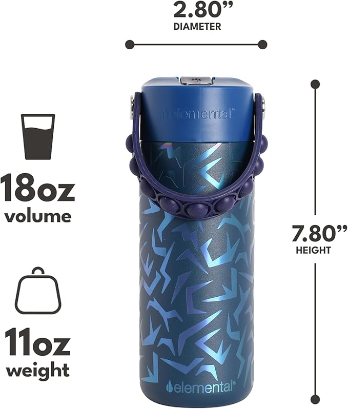 Elemental Insulated Kids Water Bottle, Stainless Steel Water Bottle with Straw Lid & Pop-It Handle, Leak-Proof Water Bottles for School, Boys or Girls, Travelling and Sports, 18oz - Dark Patterns