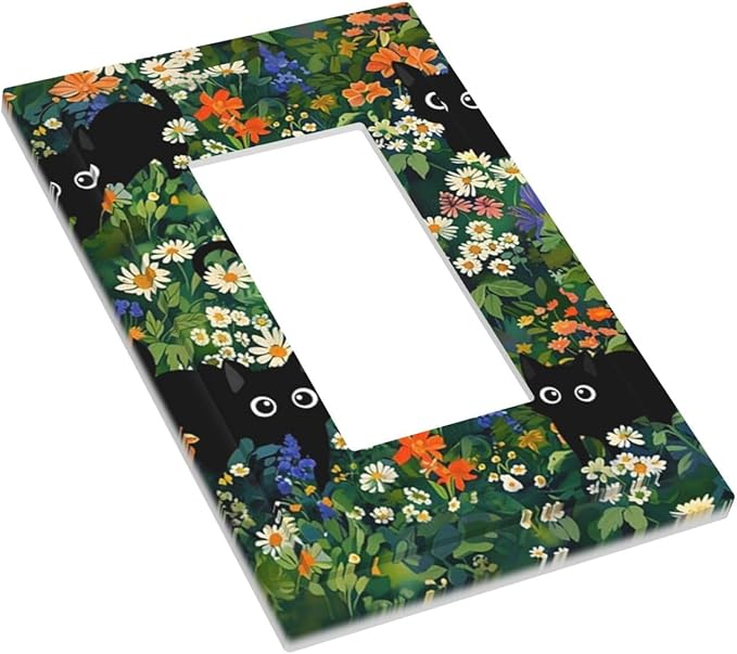 Funny Chic Cartoon Boho Cute Black Cat 1-Gang Decorator Rocker Outlet Light Switch Cover Green Floral Flower Kid Boys Vintage Decorative Single Device GFCI Receptacle Switch Wall Plate Dimmer Mid Size