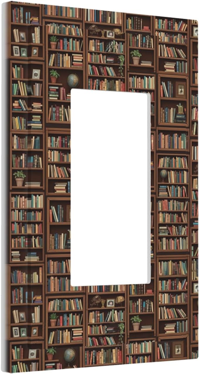Vintage Library Bookshelf Single Rocker Switch Cover - 1-Gang Standard US Size Dark Academia Book Lover's Dream Light Switch Covers, Cozy Bookshelf for Study Room Decor