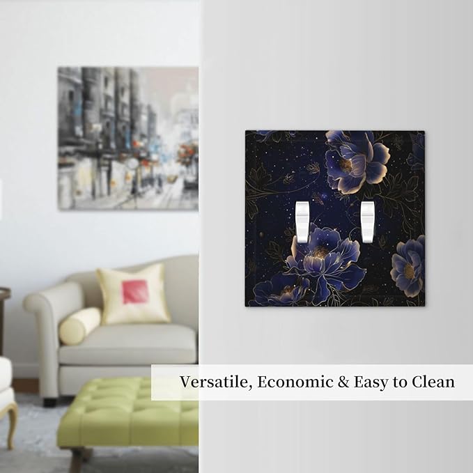 Navy Blue Floral Vintage Flower Dark Watercolor Decorative Switch Plates 2 Gang Double Toggle Outlet Light Switch Cover Wall Plate Electrical Faceplate for Bedroom Living Room Decor