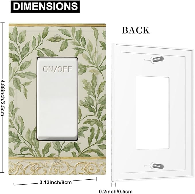 Soft Green Botanical Scroll Single Rocker Switch Cover - 1-Gang Standard US Size Regency Style Leafy Vine Design Light Switch Covers for Bedroom Living Room Decor