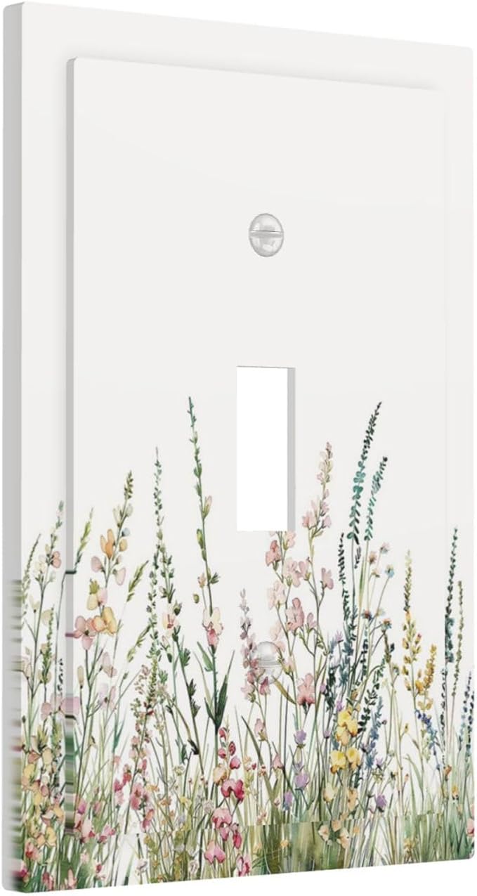 Decorative Light Switch Cover Boho Wildflower Green Leaves Rustic Floral Botanical 1 Gang Single Toggle Decorator Outlet Wall Plate Device Electrical Faceplate Switchplates for Bedroom