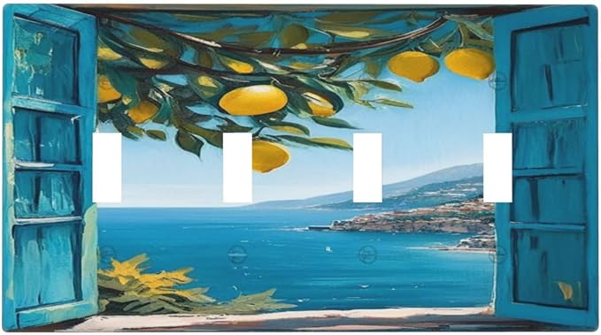Decorative Art Light Switch Covers Seaside Window with Lemons Quad Toggle 4 Gang Wall Plate Switch plate Electrical Faceplate for Home Decor