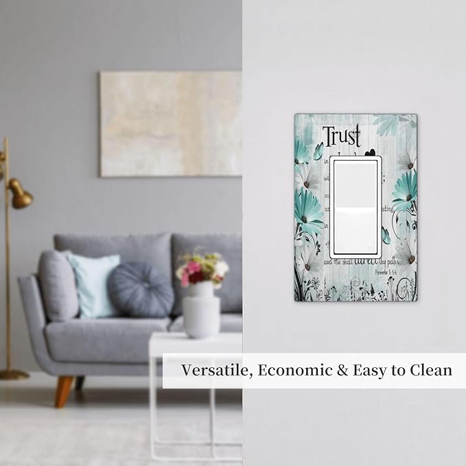 Rustic Teal Daisy Bible Verse Wooden Inspirational Quote Decorative Outlet Covers 1 Gang Single Rocker Light Switch Cover Plate Wall Plates GFCI Faceplate for Bedroom Living Room Decor