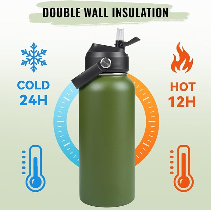 Fijinhom 32oz Insulated Stainless Steel Water Bottle, Wide Mouth Double Wall Vacuum, Silicone Straw, Sweat & Leak Proof, BPA Free Insulated Water Flask for Travel, Keep Cold 24h Hot 12h, Green
