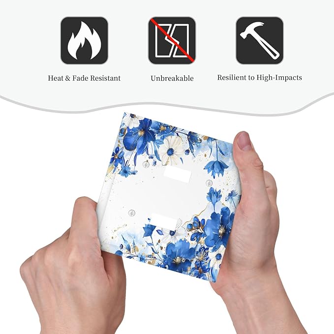 Klein Blue Flowers Watercolor Golden White Floral Decorative Switch Plates 2 Gang Double Toggle Outlet Light Switch Cover Wall Plate Electrical Faceplate for Bedroom Living Room Decor