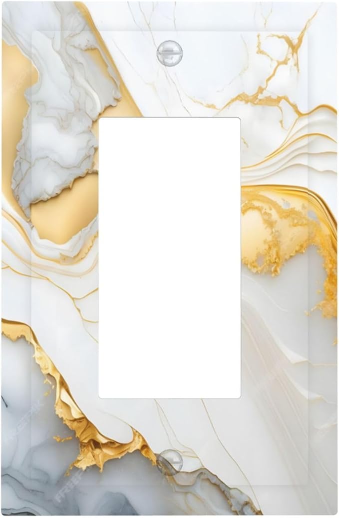 Exquisite White Gold Marble Abstract Luxurious Print Decorative Outlet Covers 1 Gang Single Rocker Light Switch Cover Plate Wall Plates GFCI Faceplate for Bathroom Kitchen Decor