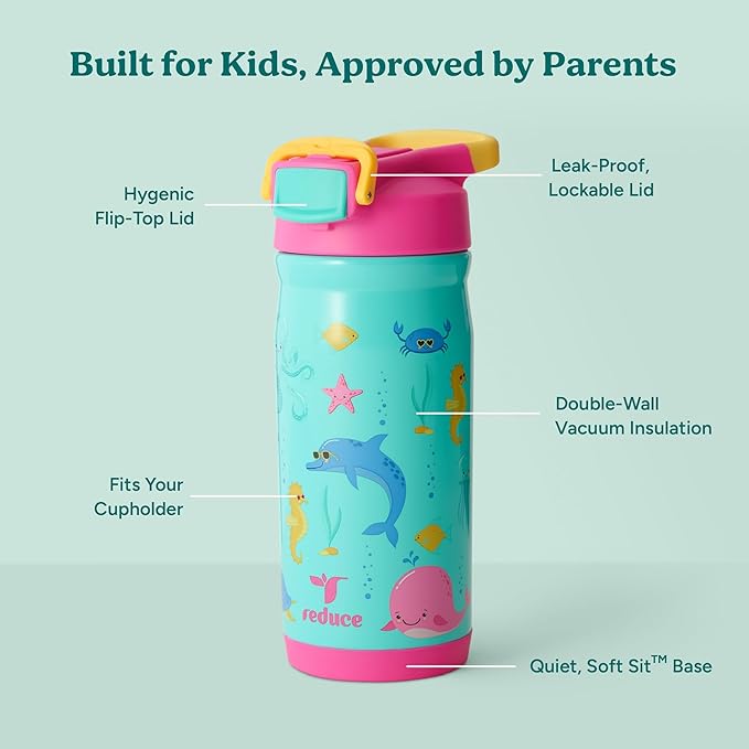 Reduce Hydrate Pro Kids 14oz Stainless Steel Insulated Water Bottle w/Straw – Spill Proof Tumbler for Kids – 30 Hour Cold Retention – Dishwasher Safe Leak-Proof Design - Ocean Friends