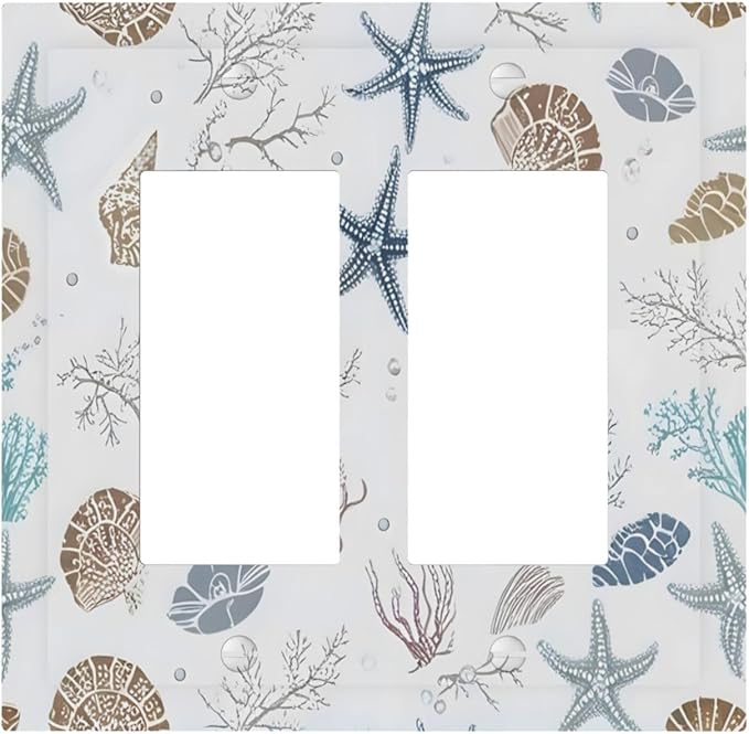 Ocean Starfish Seashells Nautical Coastal Sea Coral Decorative Outlet Covers 2 Gang Double GFCI Rocker Electrical Wall Panels Light Switch Cover Plate for Kids Room Nursery Decor