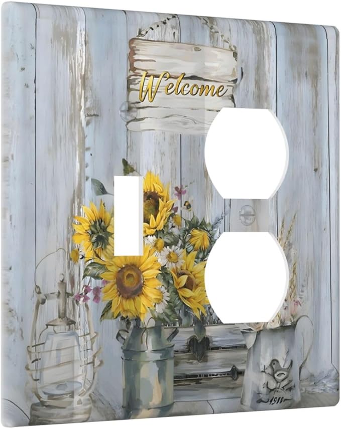 Rustic Sunflower Floral Vintage Wood Board Wallplates 1 Toggle 1 Duplex Switch Plate Electrical GFCI Faceplate Decorative Light Switch Covers for Farmhouse Home Decor