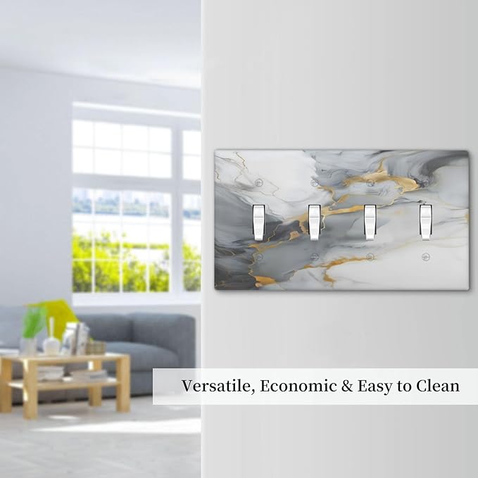 Gold Marble Grey Art Abstract Luxury Print Light Switch Covers Quad Toggle Electrical Faceplate 4 Gang Wall Plate Decorative Switch Plates for Kitchen Bathroom Decor