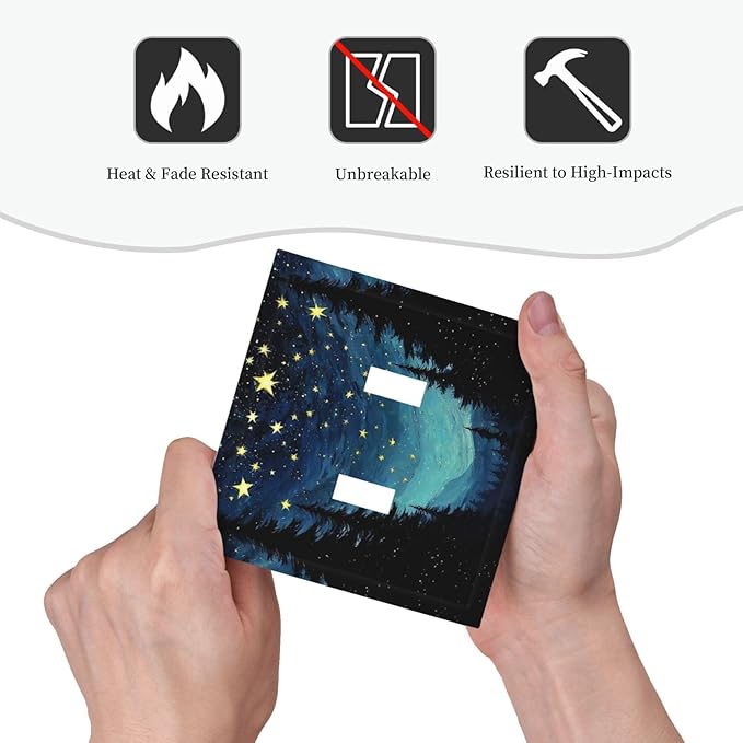 Decorative Switch Plates Blue Starry Sky Forest Painted Star Pine Tree Oil Painting 2 Gang Double Toggle Wall Plate Outlet Light Switch Cover Electrical Faceplate for Bedroom Cabin Decor