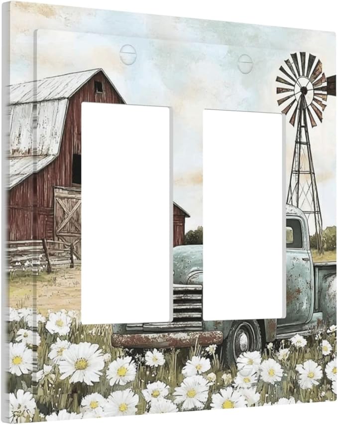 Retro Trucks Old Barn Windmill Teal Car Rustic Decorative Outlet Covers 2 Gang Double GFCI Rocker Electrical Wall Panels Light Switch Cover Plate for Farmhouse Home Decor
