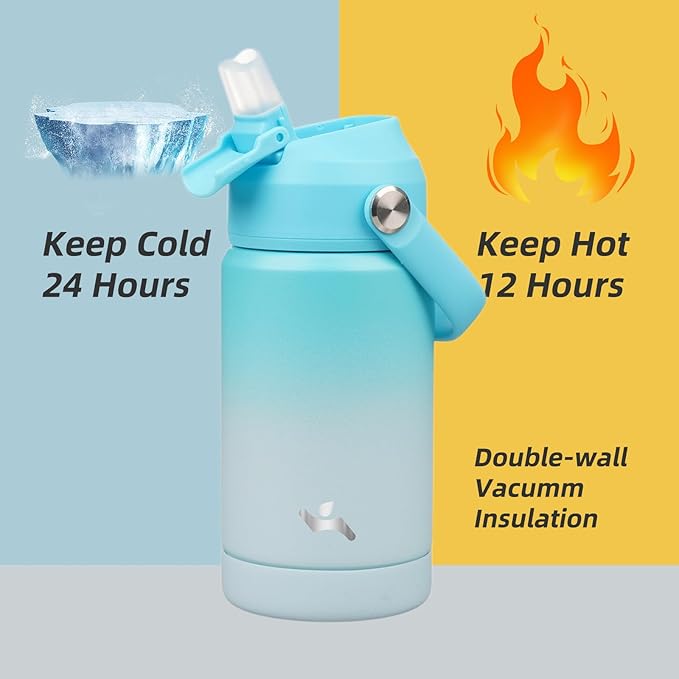 Konokyo Insulated Water Bottle with Straw Lid,12 oz Stainless Steel Vacuum Metal Bottle with Silicone Handle,Sea Salt