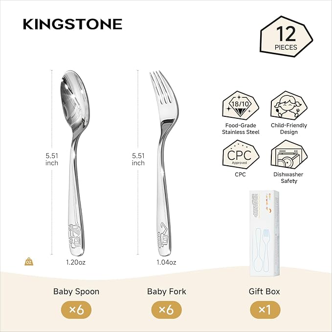 KINGSTONE Toddler Silverware Set, 12 Pieces Kids Utensils - 6 Forks & 6 Spoons, 18/10 Stainless Steel Food-Grade Kids Flatware, Construction Vehicle, Digger & Dump Truck Dishes, Dishwasher Safe