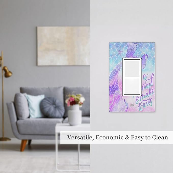 Kids Girls Purple Pink Blue Glitter Fish Mermaid Scales Tail Undersea Ocean 1 Gang Single Decorator/GFCI Device Outlet Wall Plate Electrical One Rocker Decorative Light Switch Cover Faceplate Dimmer