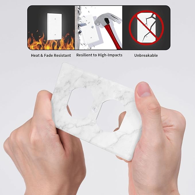 Faux White Marble Duplex Outlet Cover – Standard US Size 4.5" x 2.76", Decorative 1-Gang Wall Plate, Durable Polycarbonate Thermoplastic