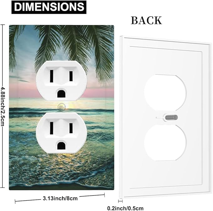 Tropical Beach Sunset Duplex Wall Plate - 1-Gang Standard US Size Palm Fringe Ocean View Outlet Covers for Pool Beach House Decor