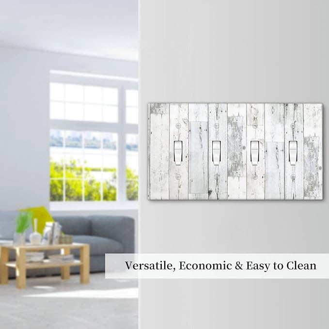 Grey White Wood 4 Gang Light Switch Cover Decorative Quad Toggle Wall Plate Decorative Electrical Faceplate for Kitchen Home Barn Farmhouse Decorate Large 8" x 4.5