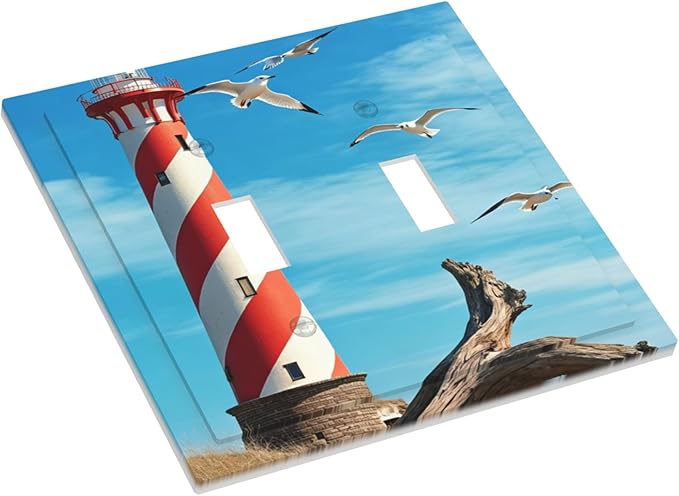 Lighthouse Coastal Scene Double Toggle Switch Cover - 2-Gang Standard US Size Nautical Coastal Beacon Light Switch Covers for Living Room Bathroom Decor