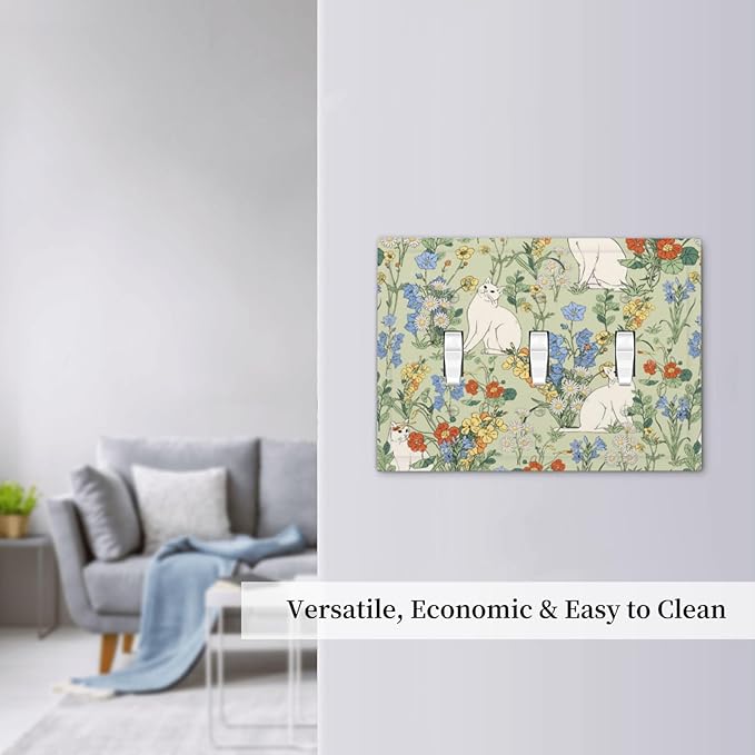 Decorative Switch Plates Vintage Floral Cute Cat Colorful Flowers 3 Gang Wall Plate Triple Toggle Light Switch Cover Faceplate Electrical Wall Panels For Bed Room Living Room Decor