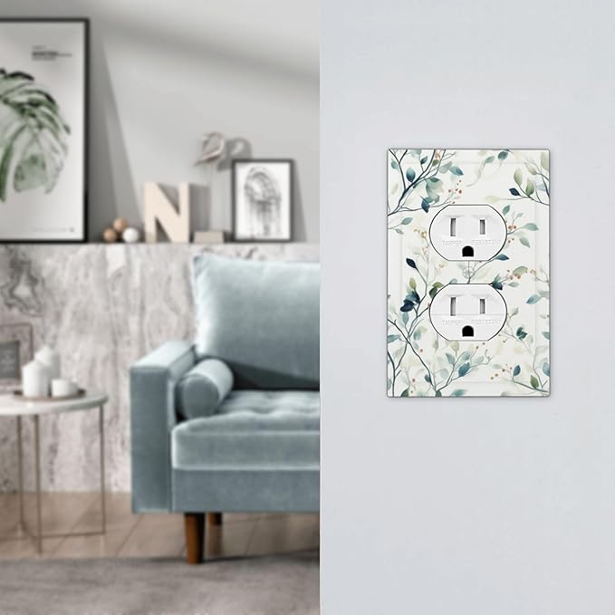 Watercolor Floral Green Leaves 1 Gang Electrical Duplex Outlet Covers Green Botanical Flowers Light Switch Cover Receptacle Wall Plate Decorative Faceplate for Country Bedroom Home Decor