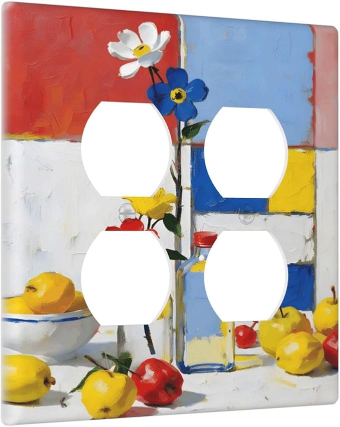 Color Block Floral Still Life Art Red Yellow Blue Abstract Outlet Covers 2 Gang Double Duplex Decorative Light Switch Covers Electrical Wallplates Socket Faceplate for Farmhouse Bedroom Decor