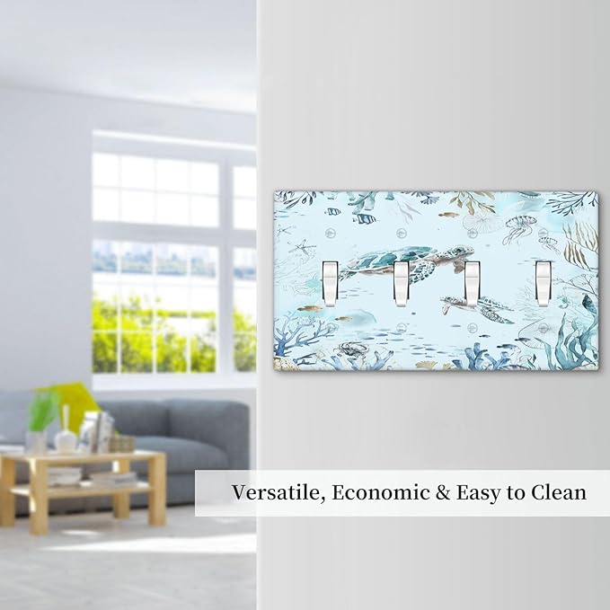 Light Switch Covers Teal Blue Ocean Sea Turtle Seabed Plants Quad Toggle 4 Gang Wall Plate Electrical Faceplate Decorative Switch Plates for Bathroom Kids room Decor