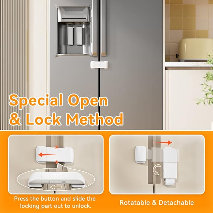 EUDEMON Updated French Fridge Lock French Door Refrigerator/Freezer Lock Apply to Max 2.28"(58mm) Two Door Gap Distance,Cabinet Cupboard Lock for Kids & Babies,Easy to Install(1Pack,White)
