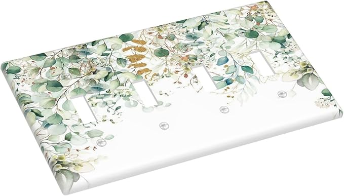 Gold Green Eucalyptus Leaves Plants Flowers Floral Light Switch Covers Quad Toggle Electrical Faceplate 4 Gang Wall Plate Decorative Switch Plates Cover for Bedroom Living Room Decor