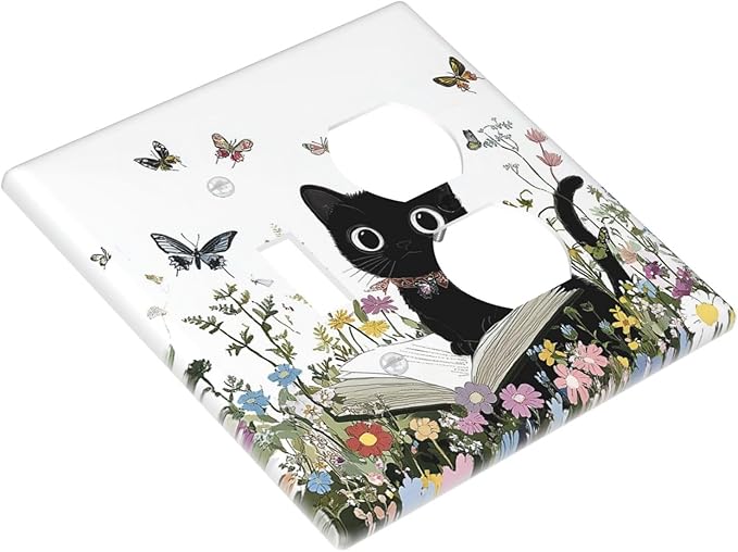 Wallplates Cute Cat Wildflowers Boho Flowers Floral 1 Toggle 1 Duplex Switch Plate Electrical Gfci Faceplate Decorative Light Switch Covers For Nursery Kids Room Decor