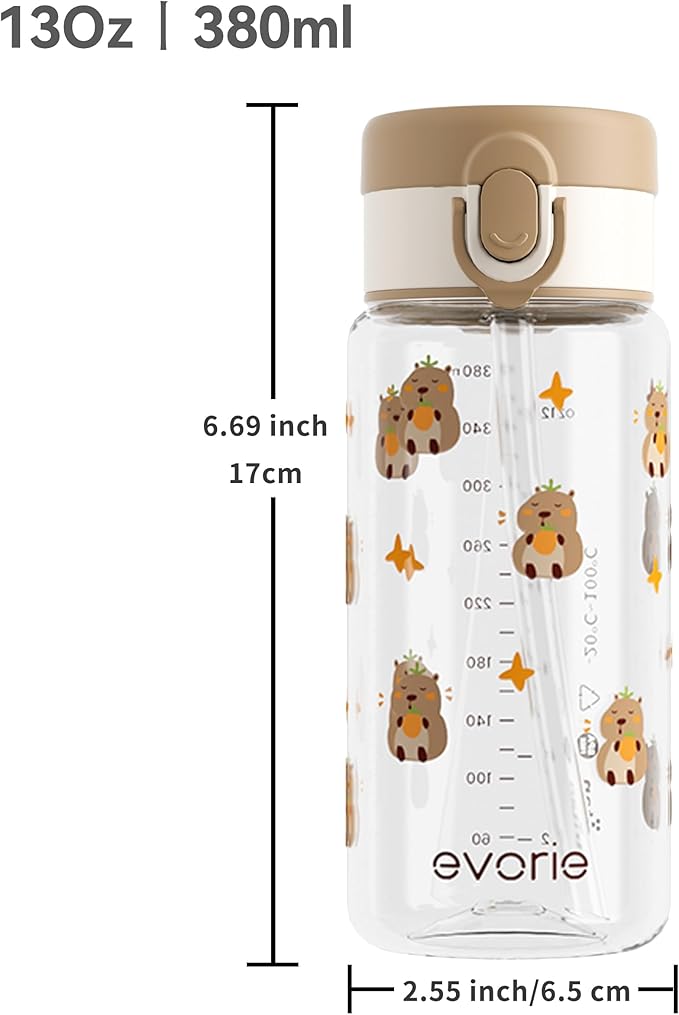 Evorie Tritan Kids Water Bottle with Straw, 13oz BPA-Free Leak Proof Drinking Bottle for School & Travel, Clear Water Bottle with Carry Strap, Dishwasher Safe, for Kids Ages 3+ (Capybara)