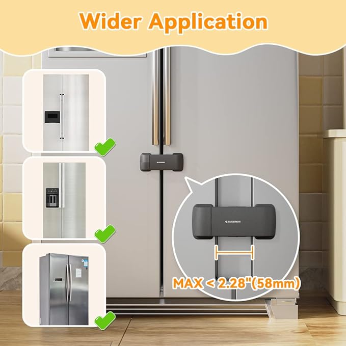 EUDEMON Updated French Fridge Lock French Door Refrigerator/Freezer Lock Apply to Max 2.28"(58mm) Two Door Gap Distance,Cabinet Cupboard Lock for Kids & Babies,Easy to Install(1 Pack,Black)