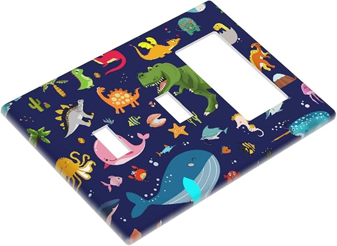 Cute Blue Dinosaur 3-Gang Combination Double Toggle/Single Decorator Outlet Wall Plate Cartoon Ocean Dolphin Animal Boys Kids Whale Electric Decorative 2-Toggle 1-Rocker/GFCI Combo Light Switch Cover