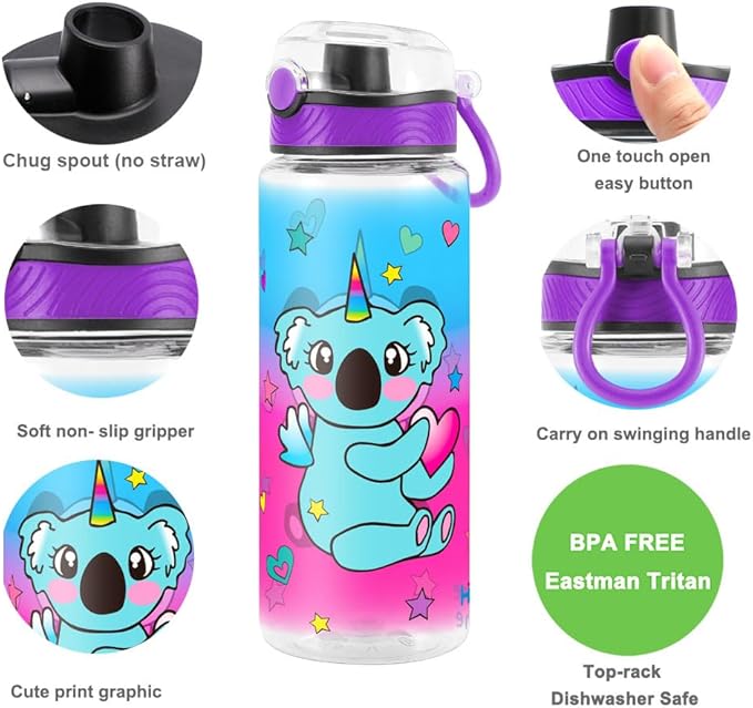 Home Tune Cute Water Bottle for School Kids Girls, BPA FREE Tritan & Leak Proof & Easy Clean & Carry Handle, 23oz/ 680ml (Koala)