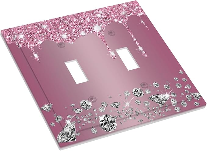 Sparkling Diamonds Pink Silver Glitter Drops Print Double Toggle Light Switch Covers Decorative Unique 2 Gang Wall Plate Dual Electrical Faceplate Switchplate for Bedroom Living Room Decor