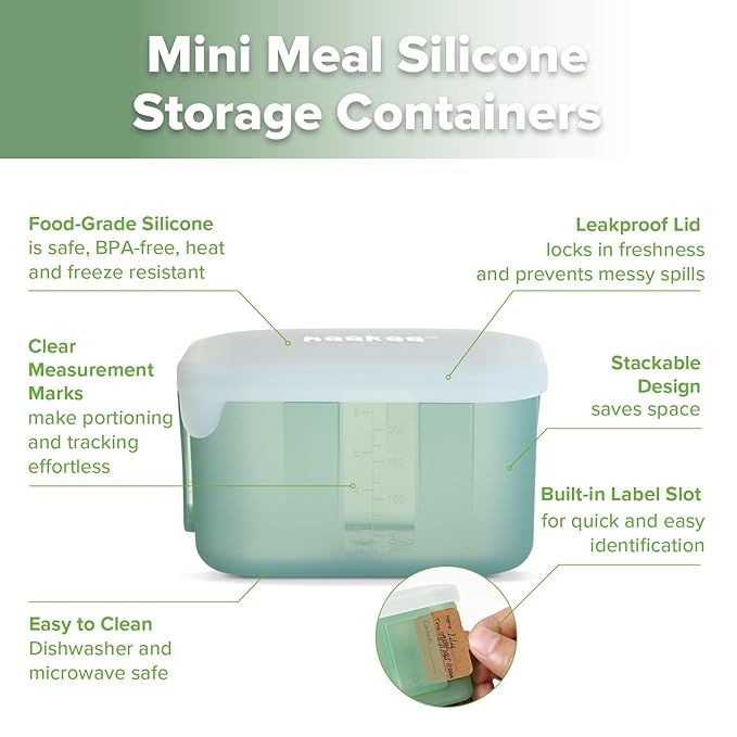 haakaa Mini Meal Silicone Storage Containers,8 oz Silicone Baby Food Containers with Airtight Lids,Reusable Baby Food Jars for Purees, Fruits & Snacks-Microwave & Dishwasher Safe,4 Pack, Pea Green