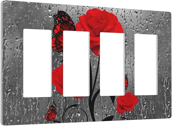 Butterfly Red Rose Flower 4 Gang Quad Rocker/Decor Light Switch Cover Plate Decorative Electrical Faceplate For Girls Bathroom Room Decorate Jumbo Size Screwless 8.3" x 4.6