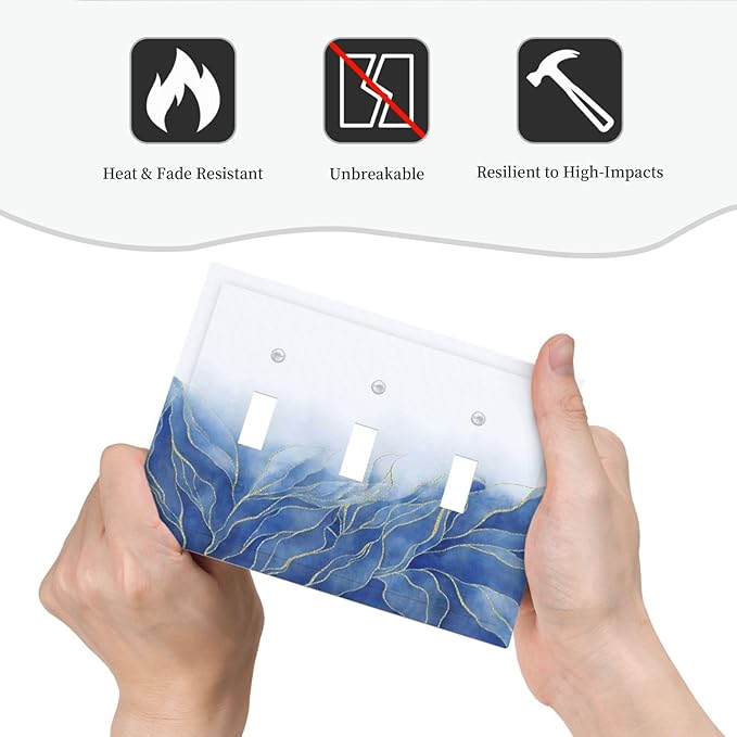 Light Switch Cover Plate Blue Gold Leaf Marble Modern Abstract 3 Gang Triple Toggle Decorative Switch Plates Wall Plates Electrical Switchplate Faceplate for Kitchen Bathroom Decor
