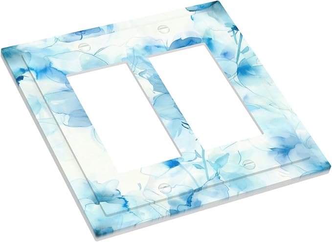 Watercolor Flower Blue White Large Floral Leaf Plants Decorative Outlet Covers 2 Gang Double GFCI Rocker Electrical Wall Panels Light Switch Cover Plate for Bedroom Living Room Decor