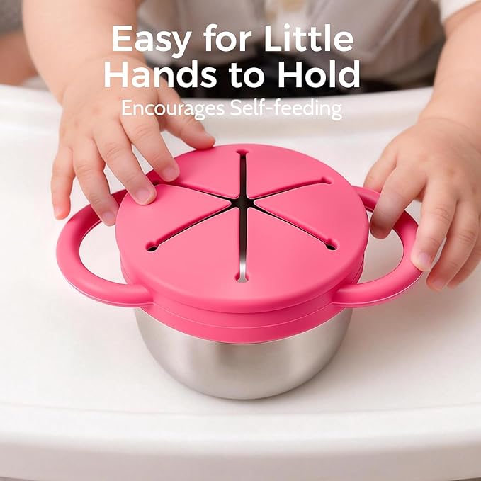 2 Pack Stainless Steel Baby Snack Cups for Toddlers Kids with Silicone Food Catcher, Travel Lid, Spill-Proof Bowl Containers, Toddlers Essentials