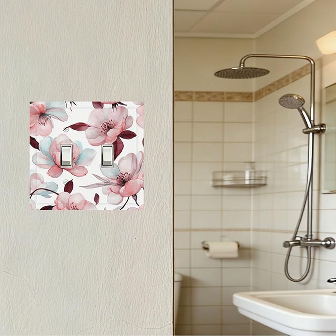 Watercolor Pink Cherry Blossom & Floral Burst Double Toggle Switch Cover - 2-Gang Standard US Size Romantic Floral Escape Light Switch Covers for Bathroom Bedroom Vanity Decor