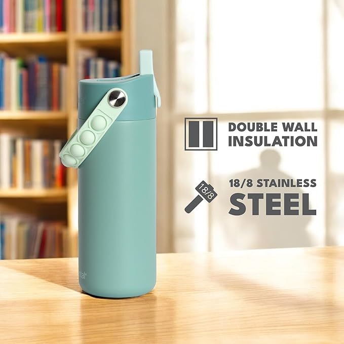 Elemental 100% Leak Proof When Spout is Closed Insulated Kids Water Bottle, Stainless Steel Bottle for School with Straw Lid & Pop-It Handle, Safari & Sage -18oz (2 Pack)