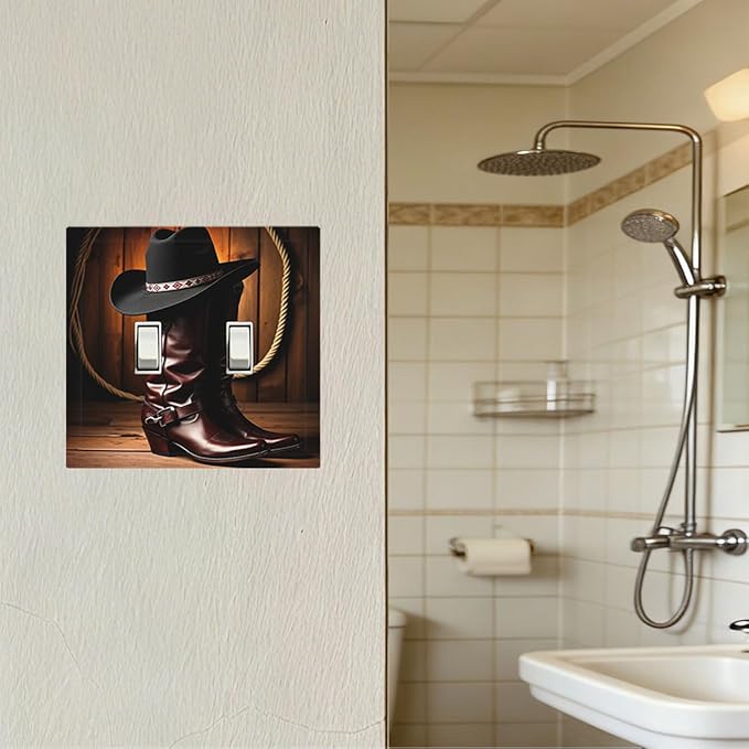 Western Cowboy Boots & Hat Double Toggle Switch Cover - 2-Gang Standard US Size Rustic Ranch Cowboy Light Switch Covers for Man Cave Bedroom Decor