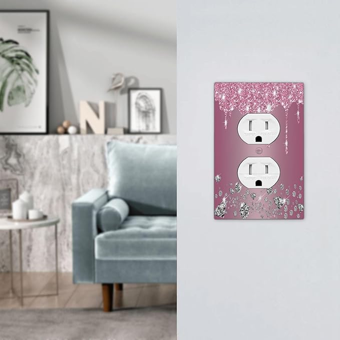 Sparkling Diamonds Pink Silver Glitter Drops Print 1 Gang Outlet Plate Decorative Single Duplex Wall Plate Covers Unique Electrical Receptacle Light Switch Cover Faceplate Switchplate for Bedroom