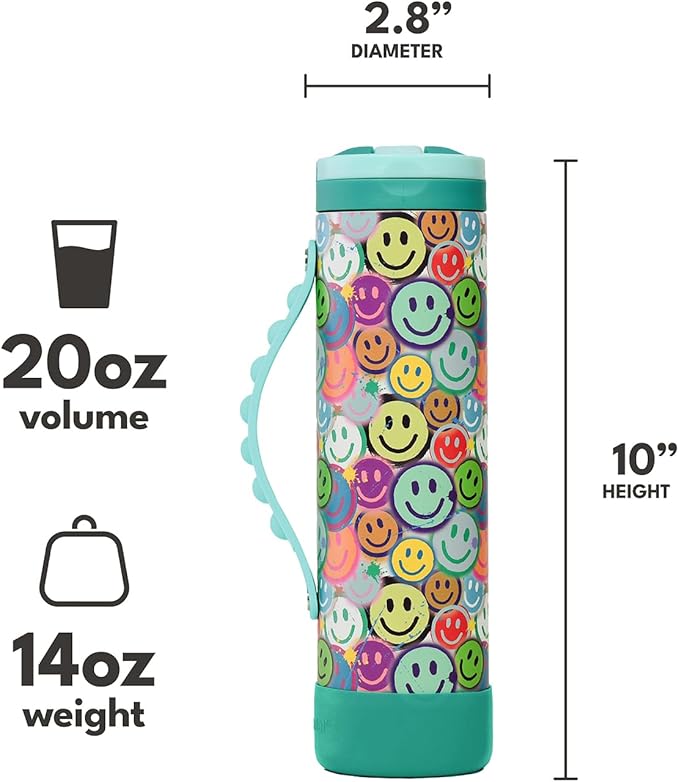 Elemental Iconic Kids Water Bottle for School - 100% Leak-Proof Insulated Water Bottles with Straw Lid & Pop-It Handle for Boys & Girls - Triple-Wall Insulated & BPA-Free, 20oz – Graffiti Smile