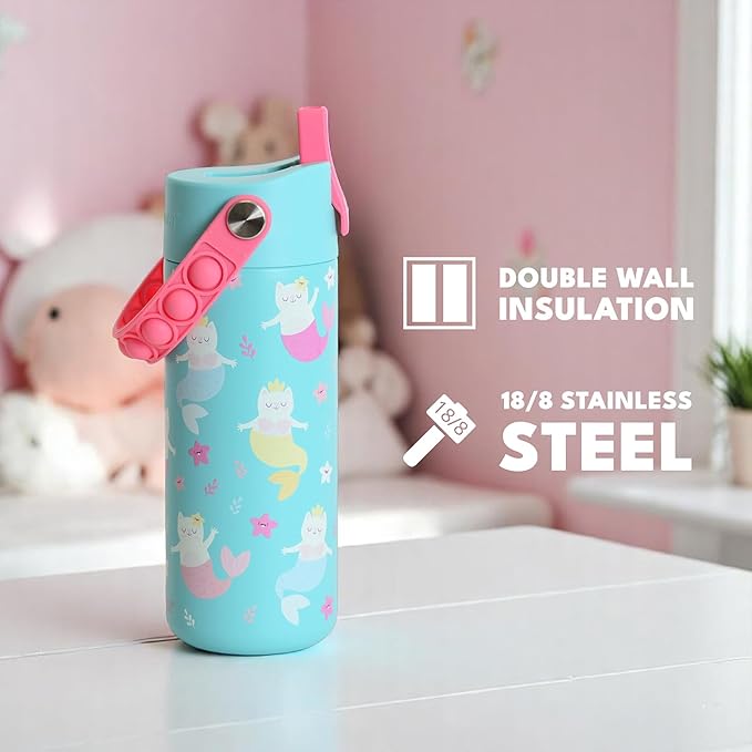 Elemental 100% Leak Proof When Spout is Closed Insulated Kids Water Bottle, Stainless Steel Bottle for School with Straw Lid & Pop-It Handle, Unicorn Magic & Meowmaid - 18oz (2 Pack)